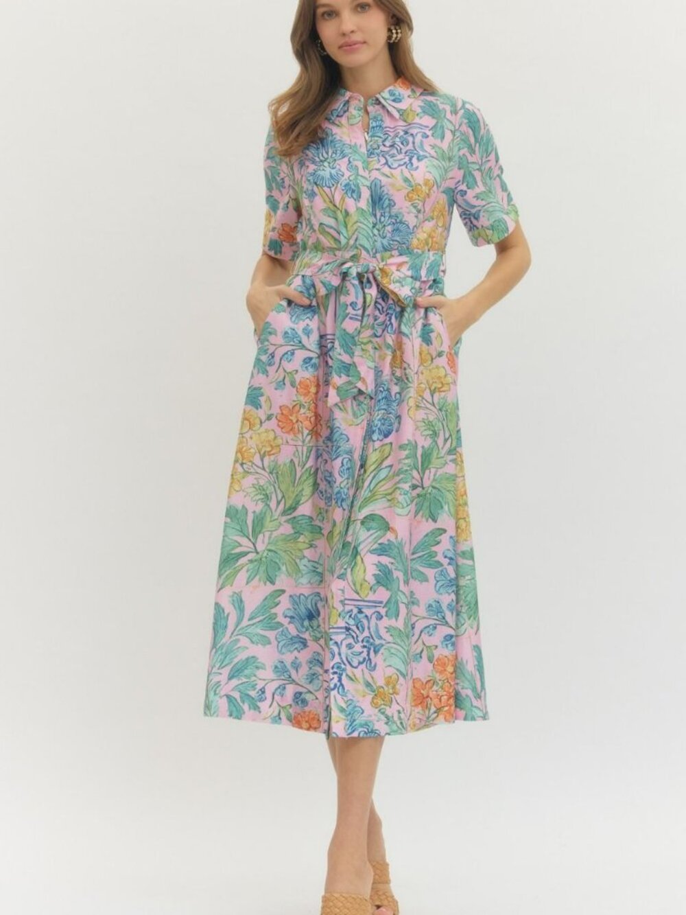 NWT Entro Pink Floral Puff Sleeve Midi Dress with Tie Waist - Picture 5 of 10